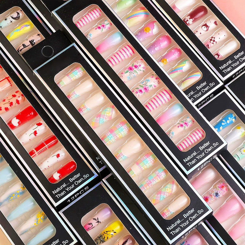 Uñas largas desmontables parches de uñas falsas comercio exterior productos terminados de manicure de novia en relieve parches de uñas