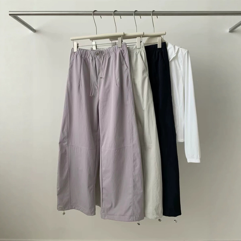 Cross-border solid color plus size 120kg thin drawstring sun protection pants women's thin curved wide-leg pants 2026 summer ins Cross-border solid color plus size 120kg thin drawstring sun protection pants women's thin curved wide-leg pants 2026 summer ins
