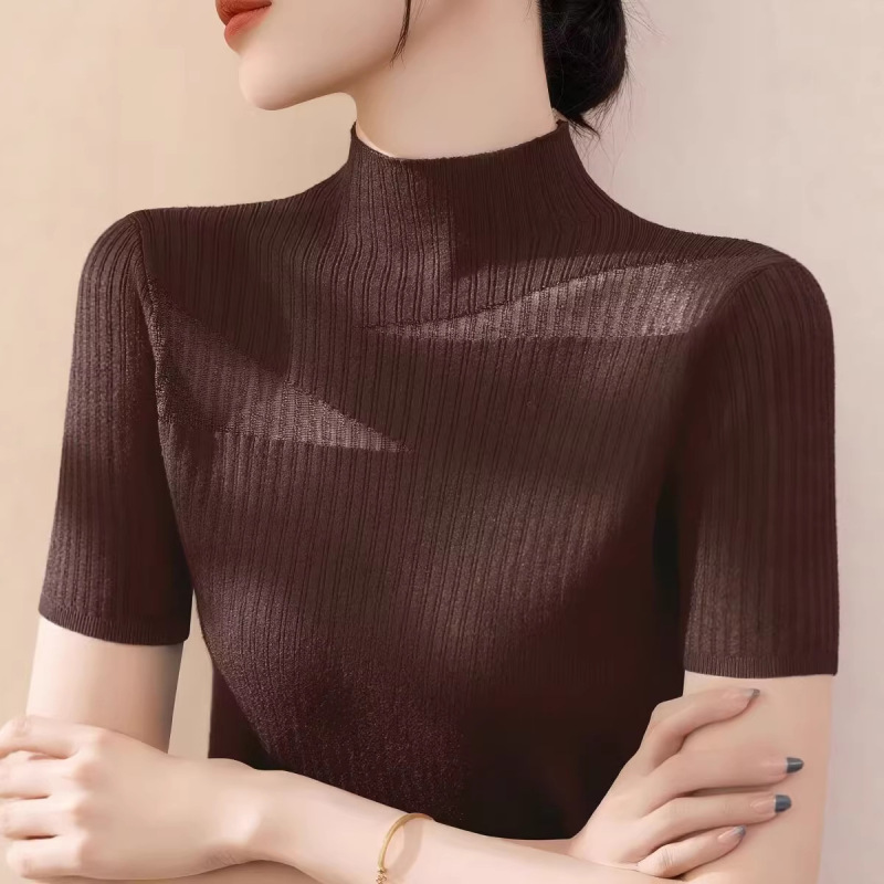 Black Lace Mesh Base Shirt for Women, 2026 Summer New Style, Half-High Collar, Slim Fit, Slimming Inner Knit Top