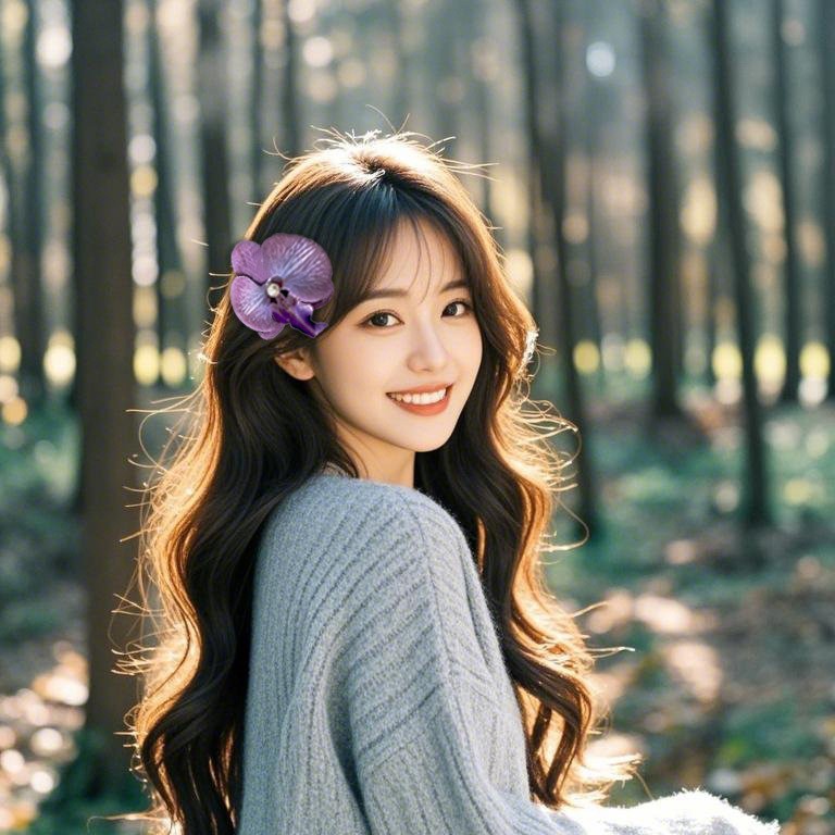 Chica caliente con flores naranjas orquídeas mariposa clips de cabello vacaciones fotos atmósfera clips de cabello