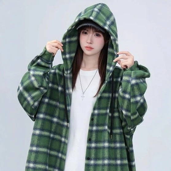 Retro Hong Kong Style Plaid Hooded Shirt Jacket for Men and Women Autum 2025 Loose Lazy Style Mid-Length Casual Top Retro Hong Kong Style Plaid Hooded Shirt Jacket for Men and Women Autum 2025 Loose Lazy Style Mid-Length Casual Top