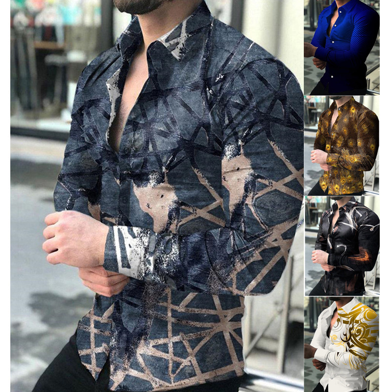2023外贸欧美男装春秋潮男士长袖3D数码印花衬衫开衫衬衣欧美风