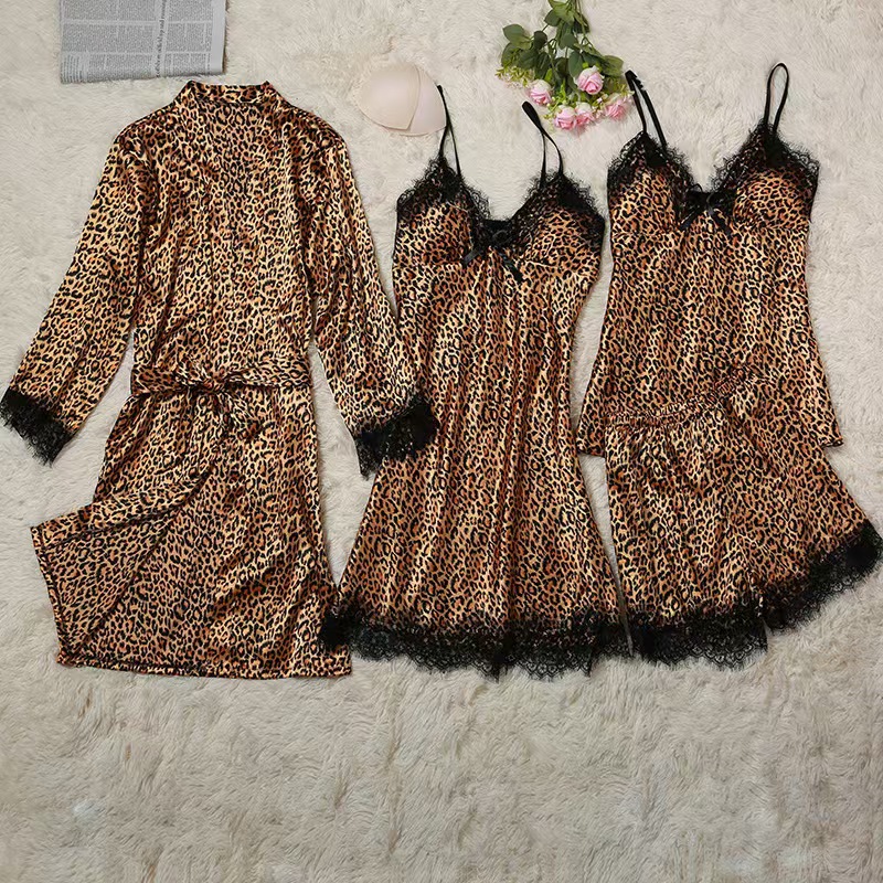 European and American Foreign Trade New Imitation Silk Women's Pajamas Lace Leopard Print Sexy Home Wear Set Cross-Border Supply