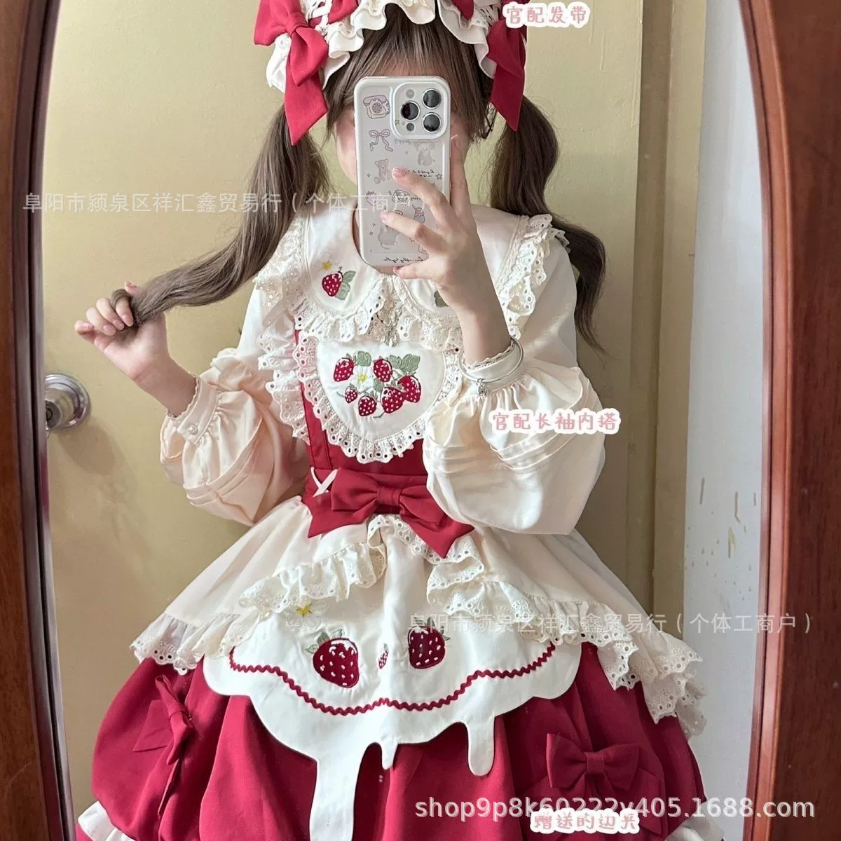 Lolita JSK (Genuine design) cute strawberry print, pastel bows, sizes S–XL