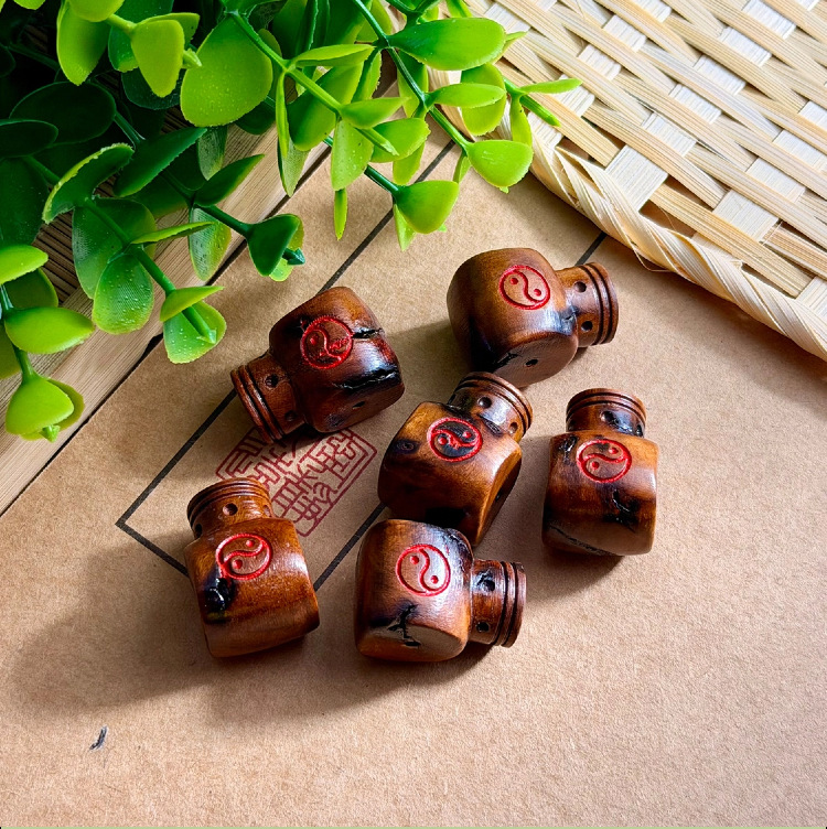 Natural Lightning-Struck Jujube Wood Carving Tai Chi Bagua Three-Way DIY Accessories, Handcrafted Bracelet Spacer Beads, Pendant Wholesale