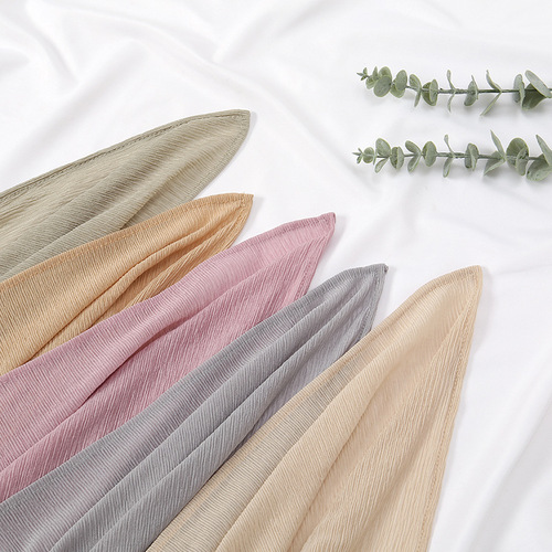 跨境新款纯色涤纶弹力透气长巾围巾  时尚褶皱单色包头巾一件代发