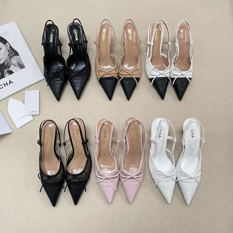 High Version 25 New Style Xiaoxiangfeng Pointed Toe Bow One-Line High-Heeled Sandals Color Matching Sweet Elegant Flats