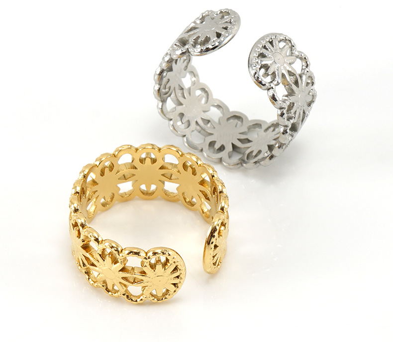 6g Weight PVD Coated Gold Plating Process Fashion Geometric Sun Titanium Steel Open Ring Plating Stainless Steel Rings