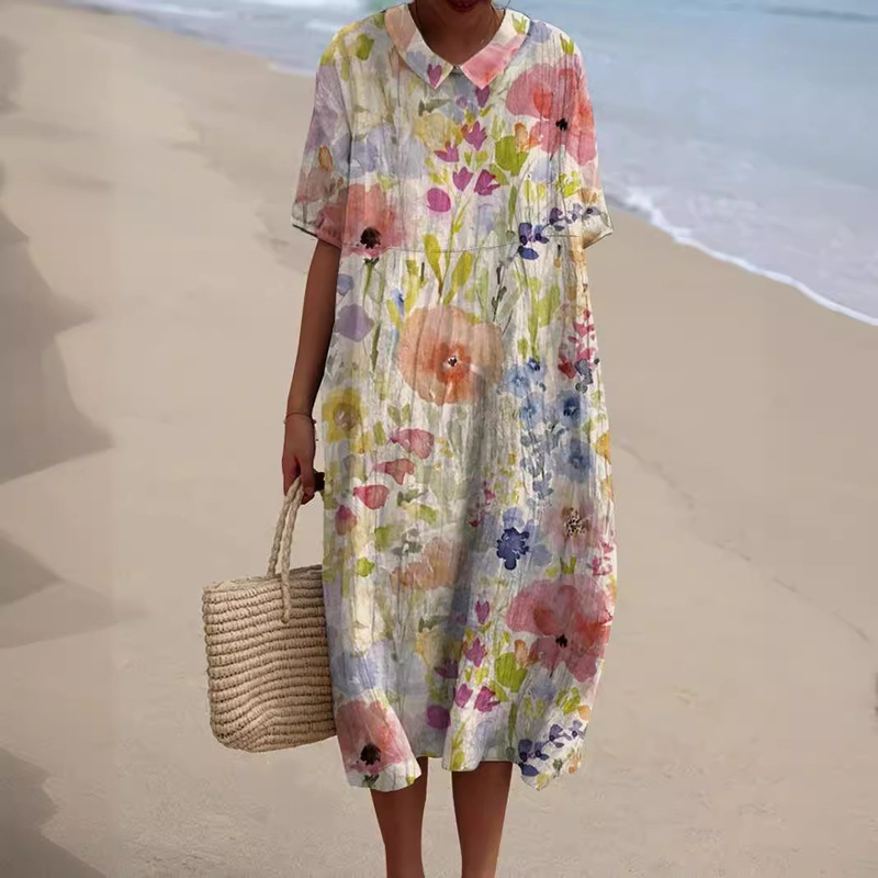 Cross-Border Independent Station Amazon Shirt D783 Shirt Collar Dress Women's Casual Floral 3D Printed Sleeve Long Skirt