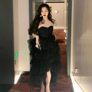 Black Evening Dress for Women 2025 New Accessible Luxury Niche Classy Birthday Socialite Art Exam Host Tube Top Dress