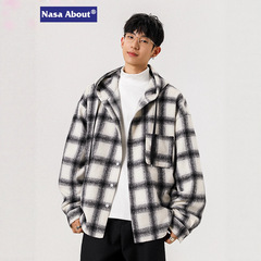 NASA美式复古格纹连帽衬衣男春秋季2025新款宽松休闲长袖衬衫外套