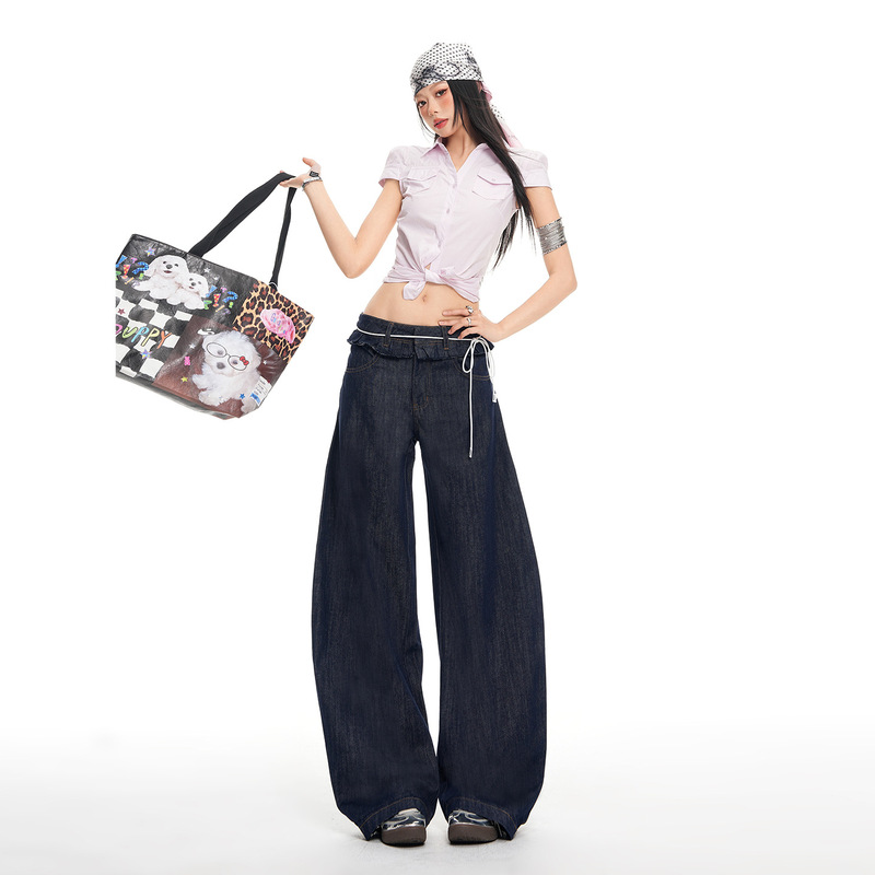 26Th Ootd!｜2026 Spring New Style Ruffled Double-Waistband Long Pants with Curved Design Jeans