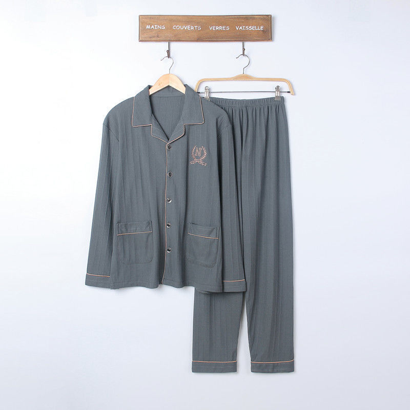 100% pijamas de algodón de primavera y otoño de los hombres de manga larga joven y de mediana edad Otoño e Invierno flojo cardigan traje de desgaste para el hogar