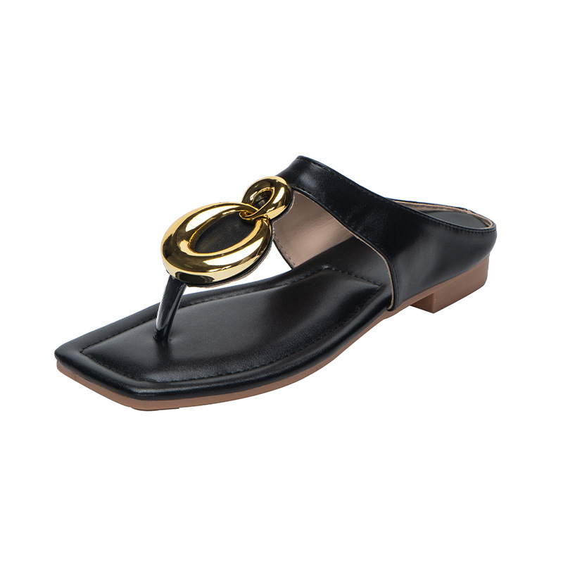 Cross Border New Fashion fibbia rotonda infradito sandali piatti da donna sandali da ragazza pantofole con tacco a una linea_voghion.com