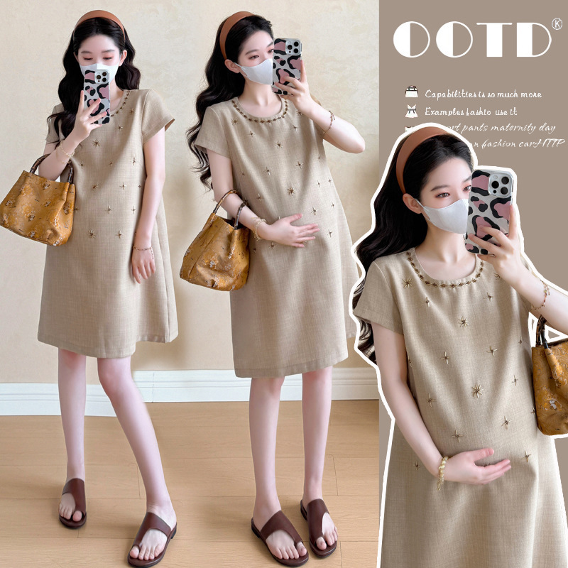 2025 New Maternity Dress Summer Elegant Chanel-Style Dress with Heavy Beading Loose Fit for Pregnant Women High-End Outfit
