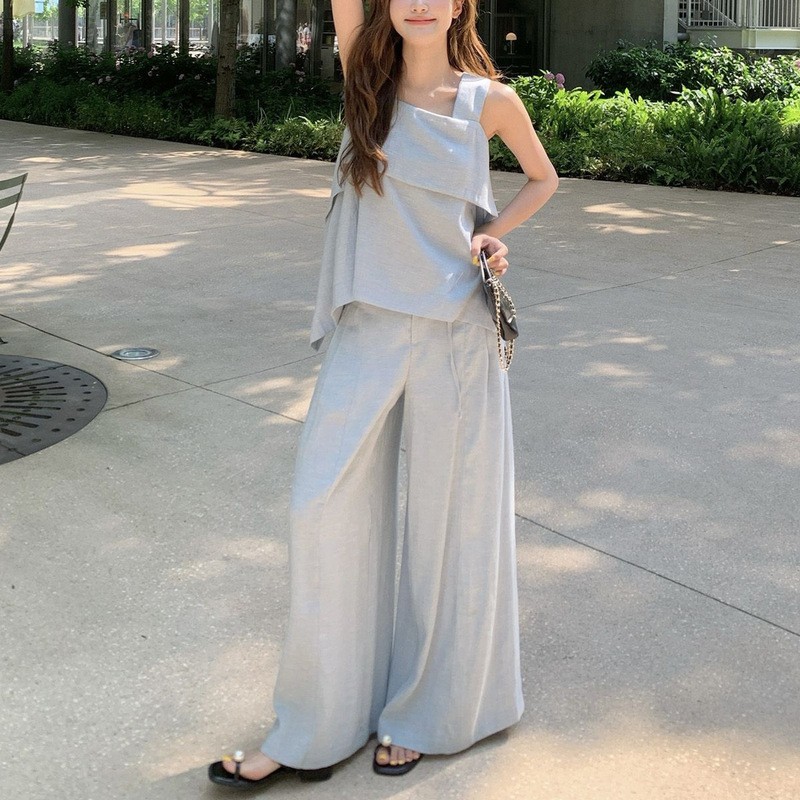 蓝色高级感无袖背心套装女2025夏季新款气质慵懒休闲阔腿裤两件套|undefined