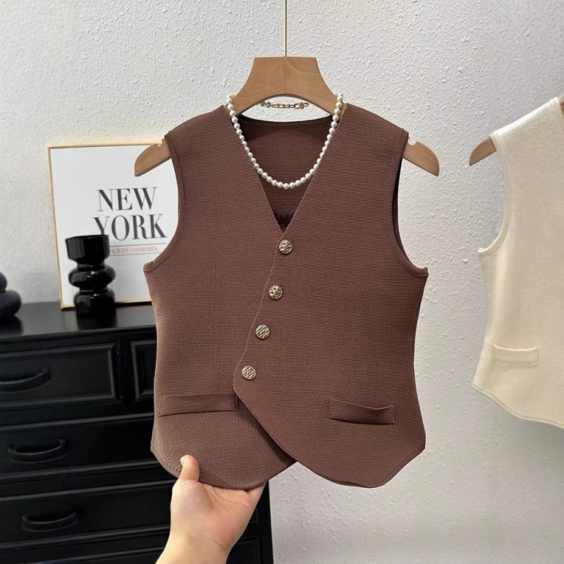 V-Neck Diagonal Button Irregular Sleeveless Vest for Women 2024 Summer New Style Foreign Style Ice Silk Linen Vest Short Top