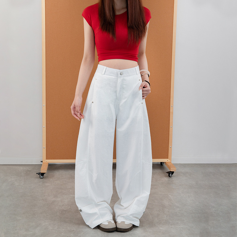 Rivet Design Curved Hem Pants for Women, New Autumn Style, Loose High-Waisted Retro Hot Girl Style, Slimming Versatile Wide-Leg Cargo Pants