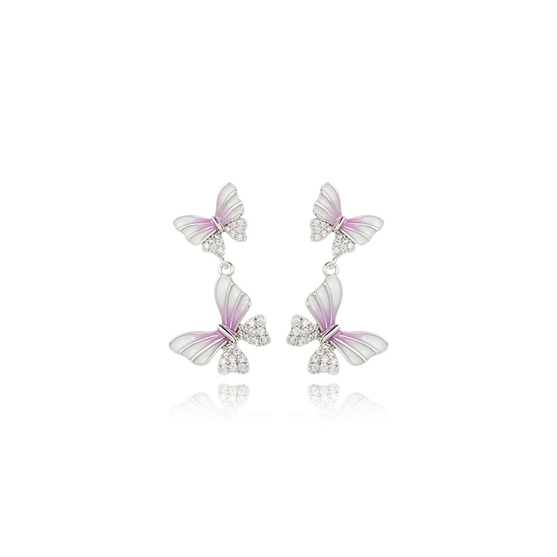 Xuping serie de goteo de aceite francés suave sensación de doble mariposa pendientes de zircon artificial pequeños pendientes frescos redondos para mujeres