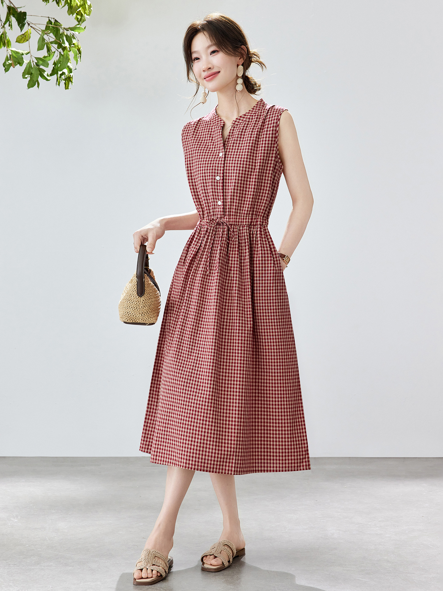Đầm maxi nữ thắt eo cổ V rút dây, dáng chữ A trung niên mùa hè — Sọc Tây Tạng, Lưới đỏ, Sọc kaki