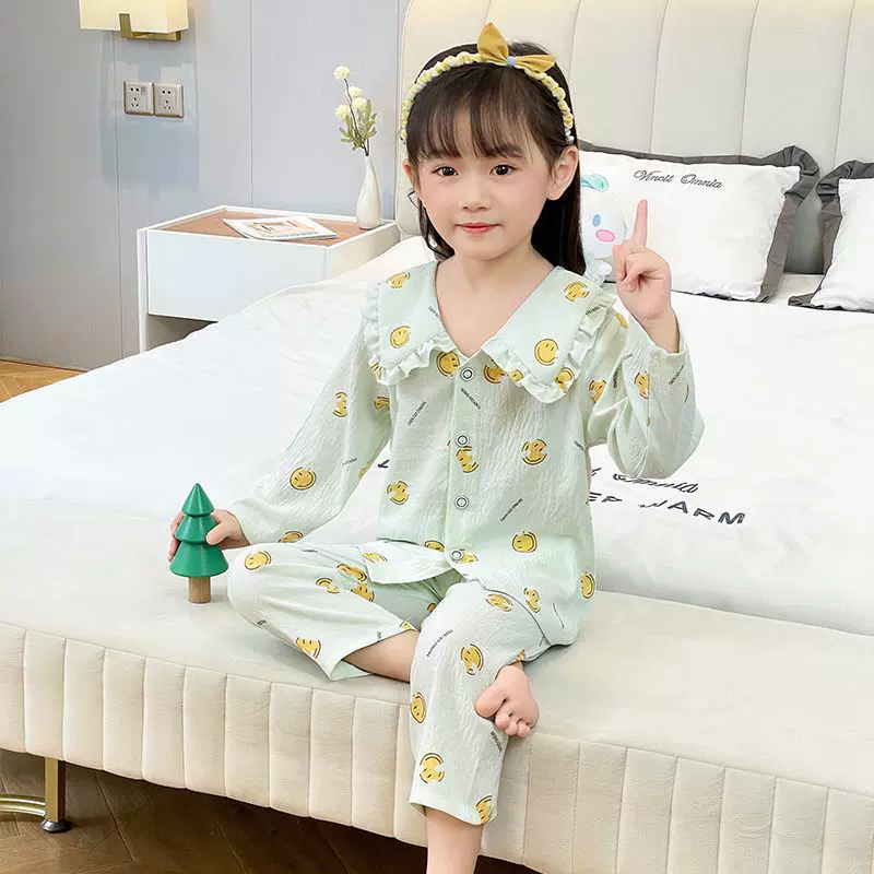 夏季女童长袖云朵棉宝宝开衫童睡衣女孩薄娃娃领中大童家居服套装