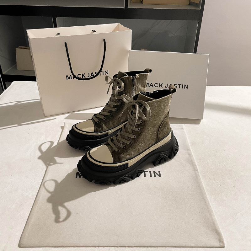 Luji genuine European station high-top denim canvas shoes women's 2024 spring new Martin boots thick-soled niche short boots_voghion.com