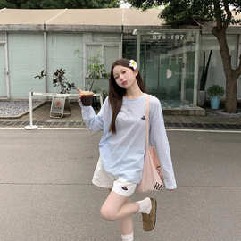 蓝色长袖T恤女2025年秋季新款休闲宽松慵懒风休闲百搭罩衫上衣潮