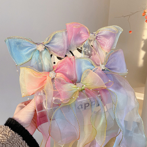 Children's bow braided hairpins for girls with hair tied little girls hairbands princess long streamer hairpins girls head flower hair accessories