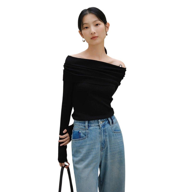 白色一字肩针织衫女秋季薄款新款小衫修身高级感上衣黑色蓝色冰丝|undefined