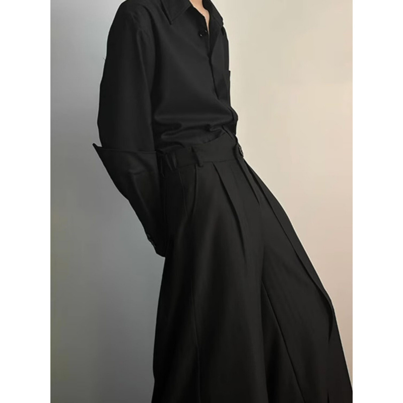 Men's Handsome Double-layer Kendo Pants Casual Loose Pants Advanced Sense Trousers Anti-wrinkle Non-ironing Micro Wide-leg Black Pants