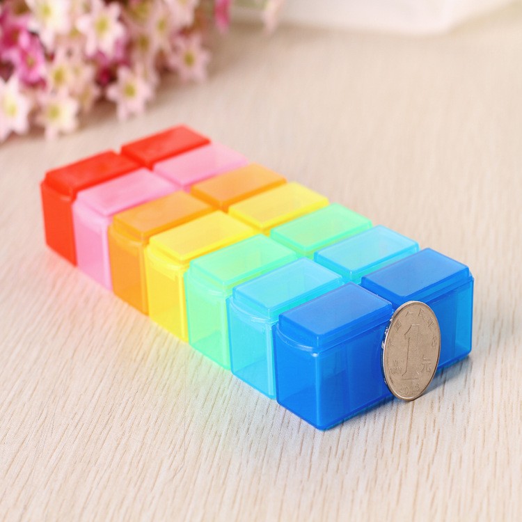 切药器七彩一周7天维生素药丸收纳盒 可拆分双排14格药盒