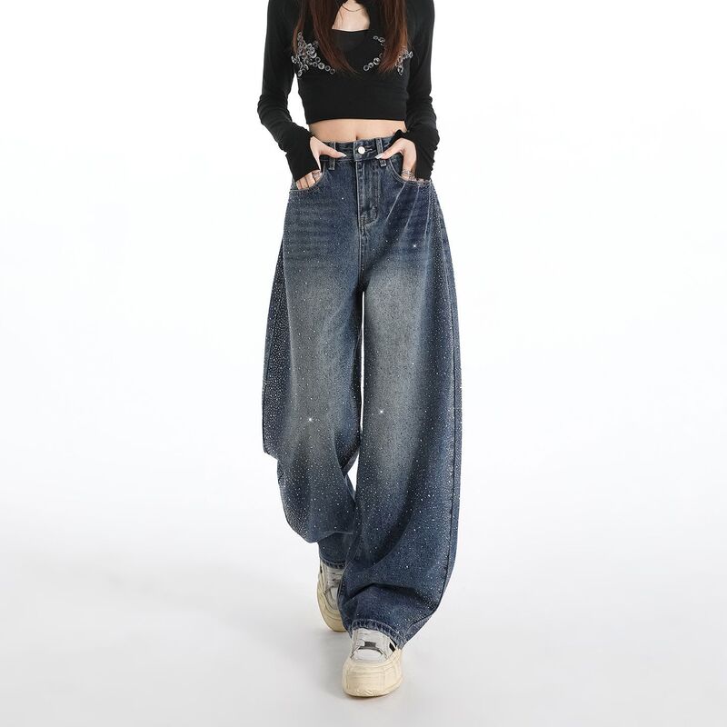 2026 New Style Star-Patterned Rhinestone High-Waisted Loose Wide-Leg Jeans for Women, Slimming Straight-Leg Floor-Length Pants
