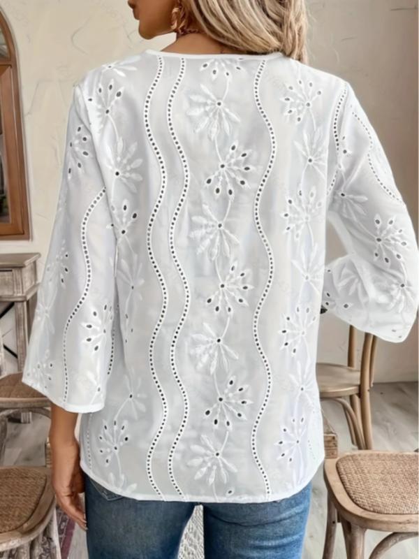 Women's Plain Eyelet Embroidery Notched Blouse Elegant 3 4