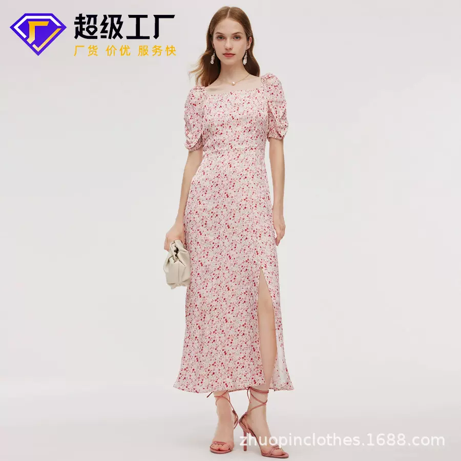 定制清新简约百搭碎花方领裙法式泡泡袖开衩气质显瘦通勤风连衣裙