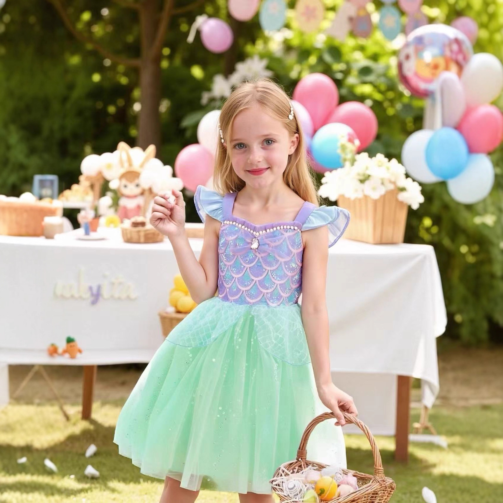 女童跨境夏季爆款飞袖吊带网纱裙女宝爆闪亮片美人鱼公主连衣裙