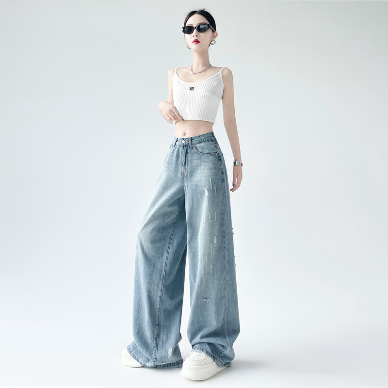 [Jinyin] Retro Washed Scratch Jeans Women's Loose High Waist Slimming Straight Leg Wide Leg Pants Mop Pants