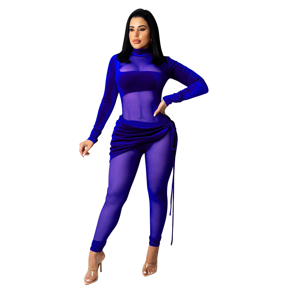 Women's fashion sexy mesh velvet splicing solid color jumpsuit_voghion.com