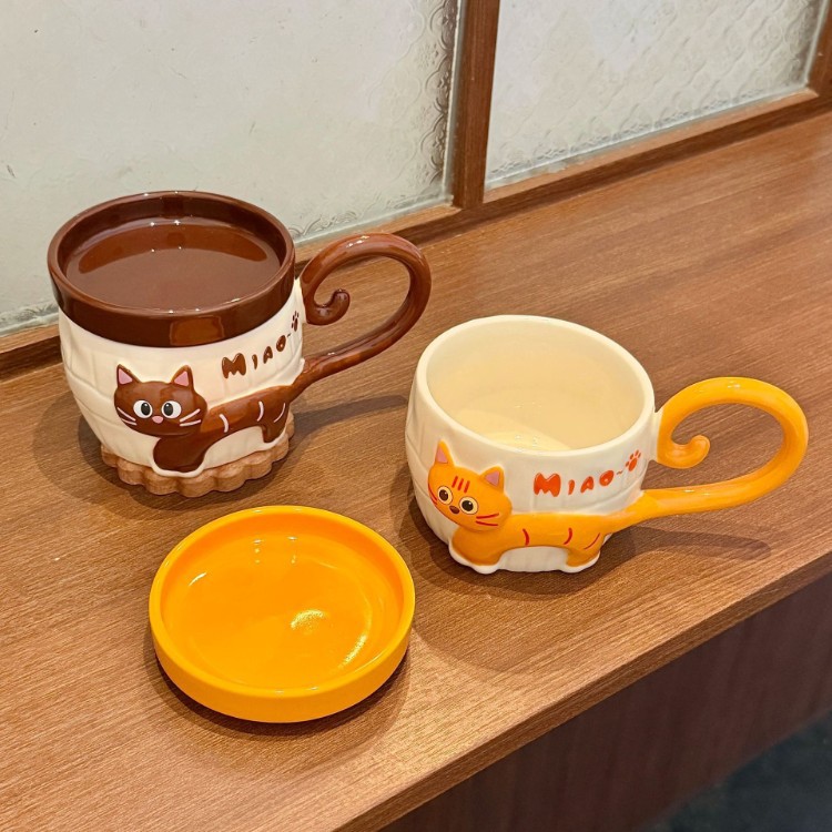 뚜껑 포함 입체 고양이 도자기 머그컵 360ml