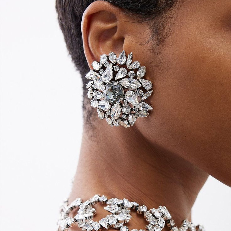 速賣通爆火復古圓形耳夾個性幾何水鑽耳飾誇張配飾女earrings