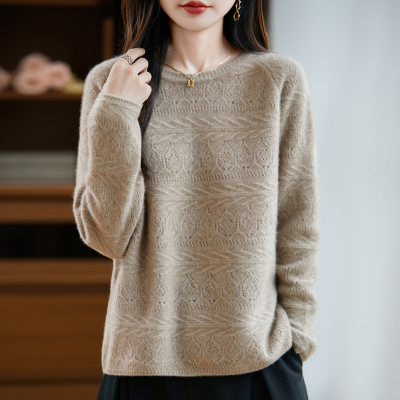 秋冬新款100%羊毛镂空毛衣女宽松针织衫大码时尚上衣短款长袖小衫|undefined