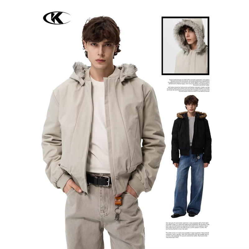 11Kn American-Style Short and Wide Boxy Hooded Cotton Jacket for Men and Women, Three-Dimensional Tailoring, Slimming, Warm, Silver Fox Fur, Zuishan Diao