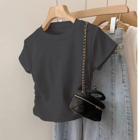 American Style Retro Shoulder Short-sleeved T-shirt Women's 2025 Summer New Spice Girls Slim-fit Short Beautiful Chic Small Top