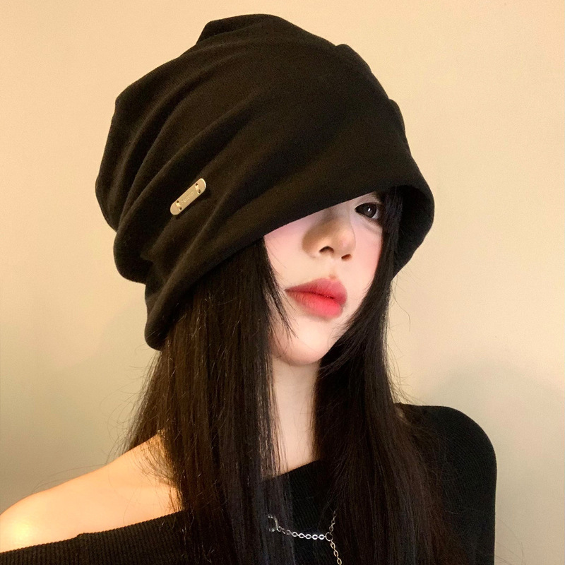 日系复古黑色堆堆帽女秋冬韩版百搭显脸小包头帽大头围宽松冷帽子|undefined