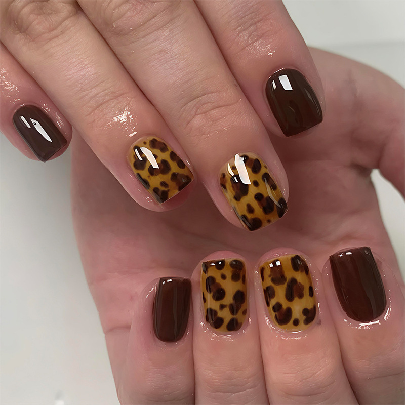 Autumn Maillard Color Leopard Print Short Square Wearable Nails Cross-Border Coffee Brown Glossy Fake Nails