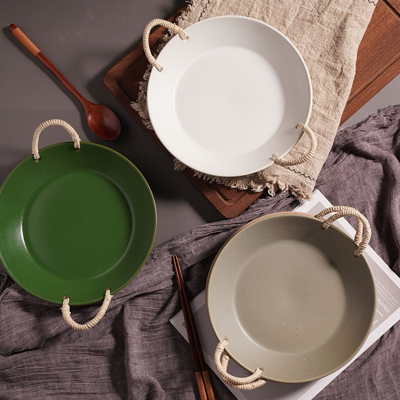 粗陶日式麻繩雙耳提盤菜盤湯盤家用陶瓷深盤復古風做舊餐具果盤子