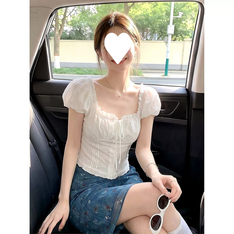 White square-neck puff-sleeve lace hollow-out shirt for women, summer style with ties, pure and sweet girl look, waist-cinching, slimming short top