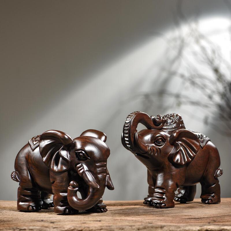 Ebony wood carving elephant ornaments a pair of home porch shop solid wood elephant decoration crafts new home opening gift