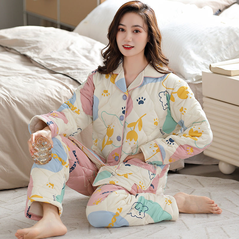 100% algodón engrosado acolchado de media longitud de tres capas acolchado de las mujeres de otoño e invierno pijamas traje de desgaste para el hogar