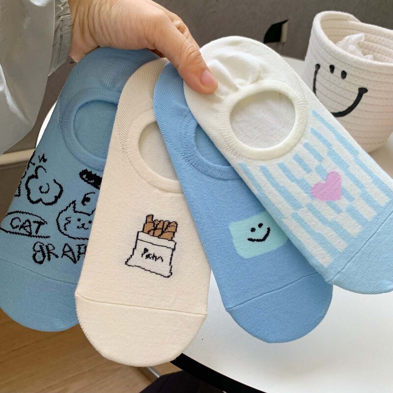 Socks Women's Korean Dongdaemun Spring and Summer New Blue Cartoon Silicone Don't Fall Women's Thin Cotton Boat Socks