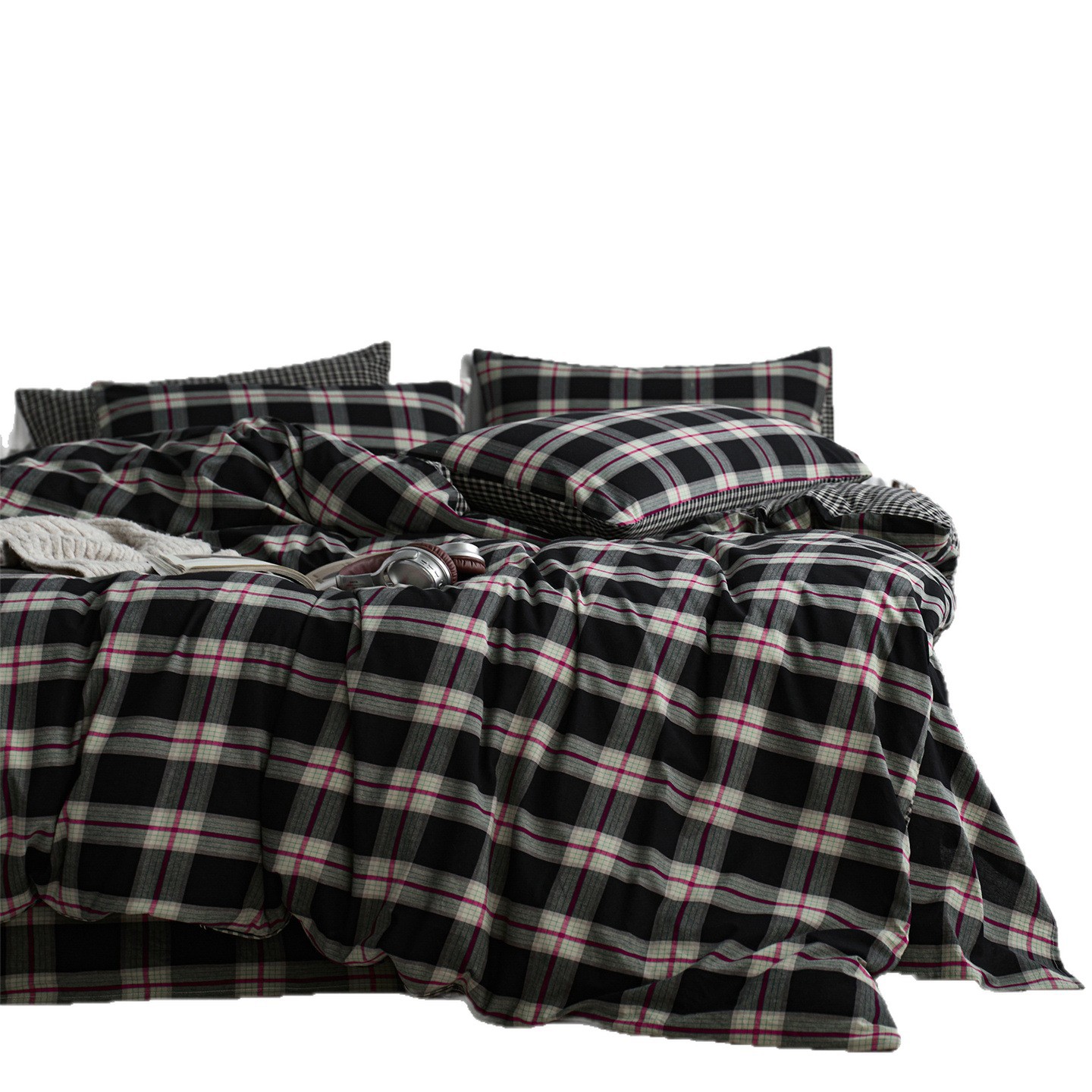 Vintage Plaid Washed Cotton Bedding Set For Dormitory Single Bed_voghion.com
